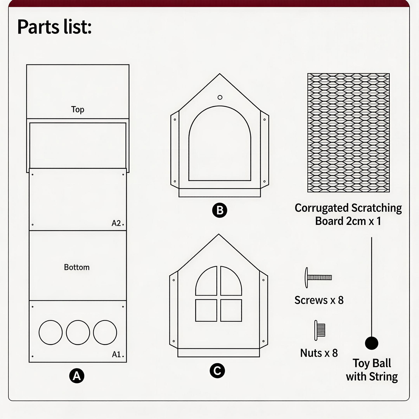 Meow Cottage parts list with panels, corrugated scratching board, screws, nuts and toy ball