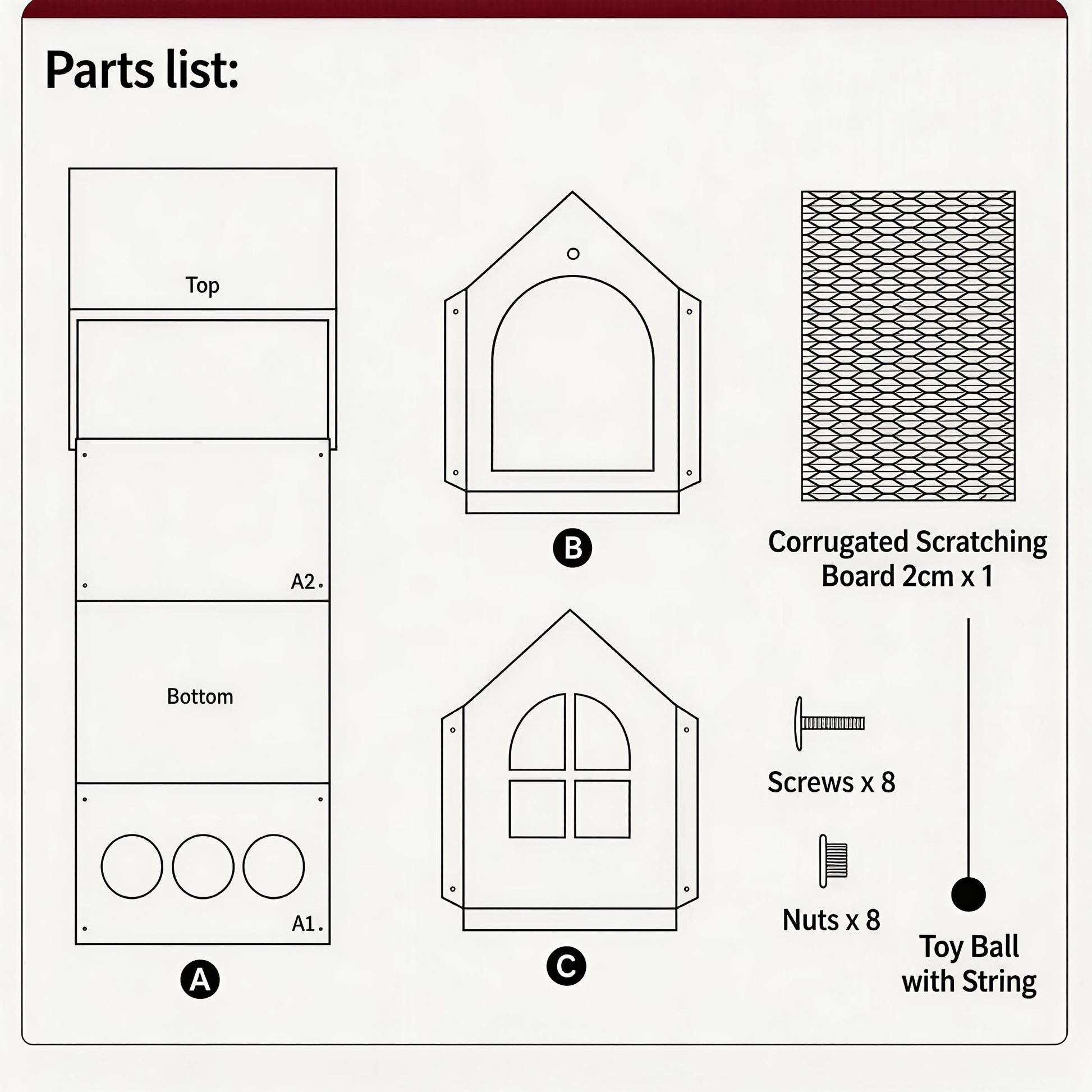 Meow Cottage parts list with panels, corrugated scratching board, screws, nuts and toy ball