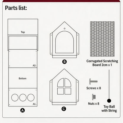 Meow Cottage parts list with panels, corrugated scratching board, screws, nuts and toy ball