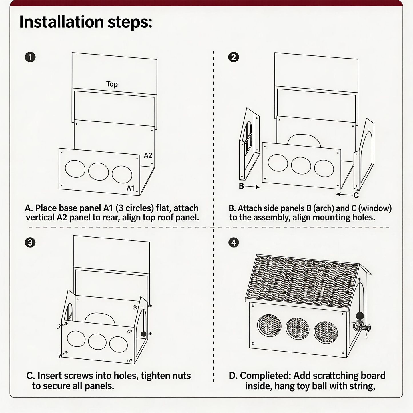 4-step installation guide for BusyMeow Meow Cottage, easy tool-free cat house assembly instructions
