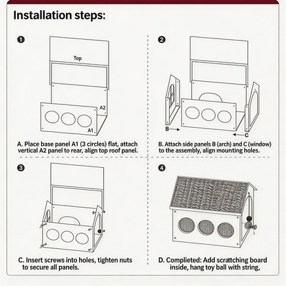 4-step installation guide for BusyMeow Meow Cottage, easy tool-free cat house assembly instructions