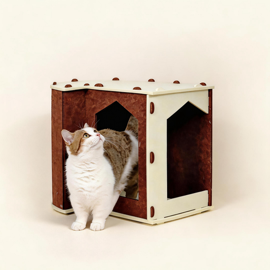 Modular felt cat house for indoor cats, BusyMeow original design with dual arched entry in cream and mocha