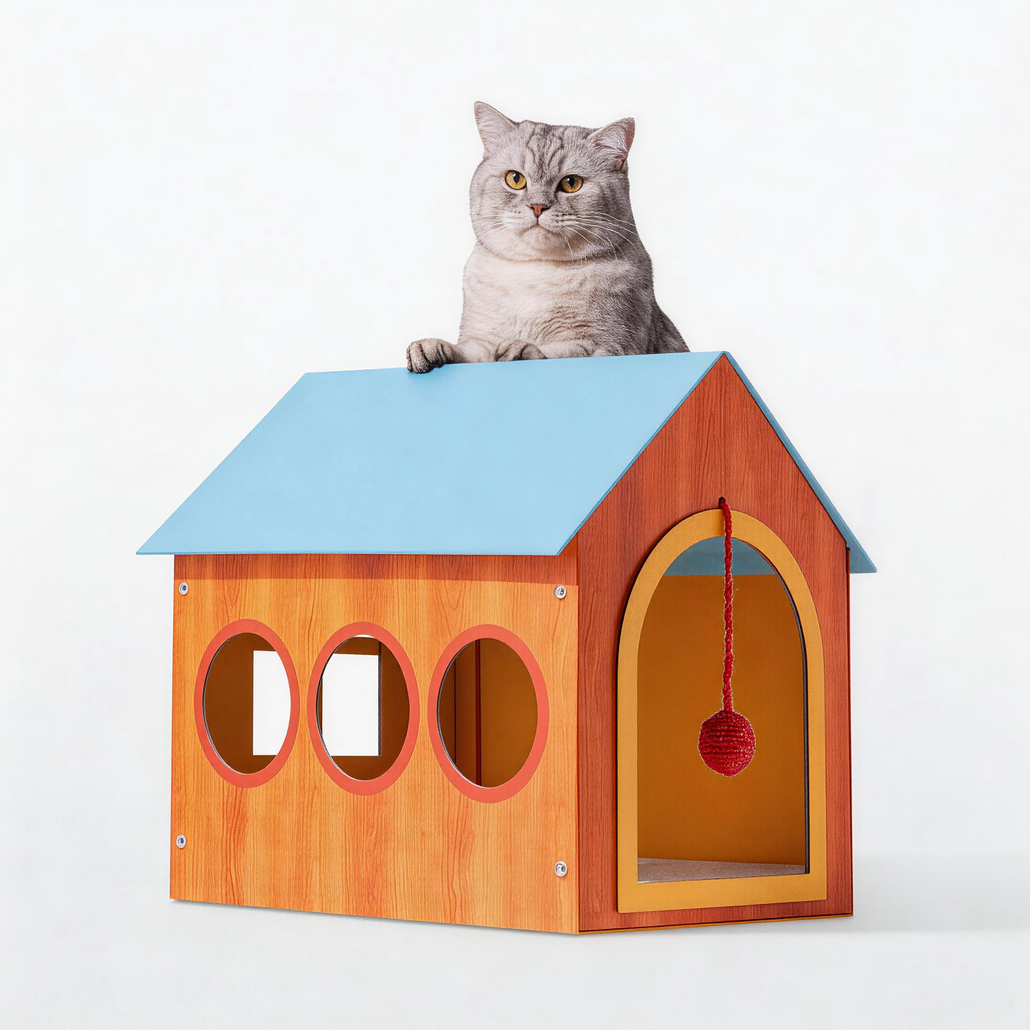 Sturdy cat house holds up to 22 lbs, tabby sitting on top of BusyMeow Meow Cottage