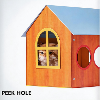 Orange cat peeking through arched window of BusyMeow Meow Cottage, interactive cat house peek hole