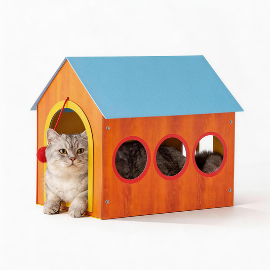 Grey tabby cat peeking out of BusyMeow Meow Cottage with three porthole side windows