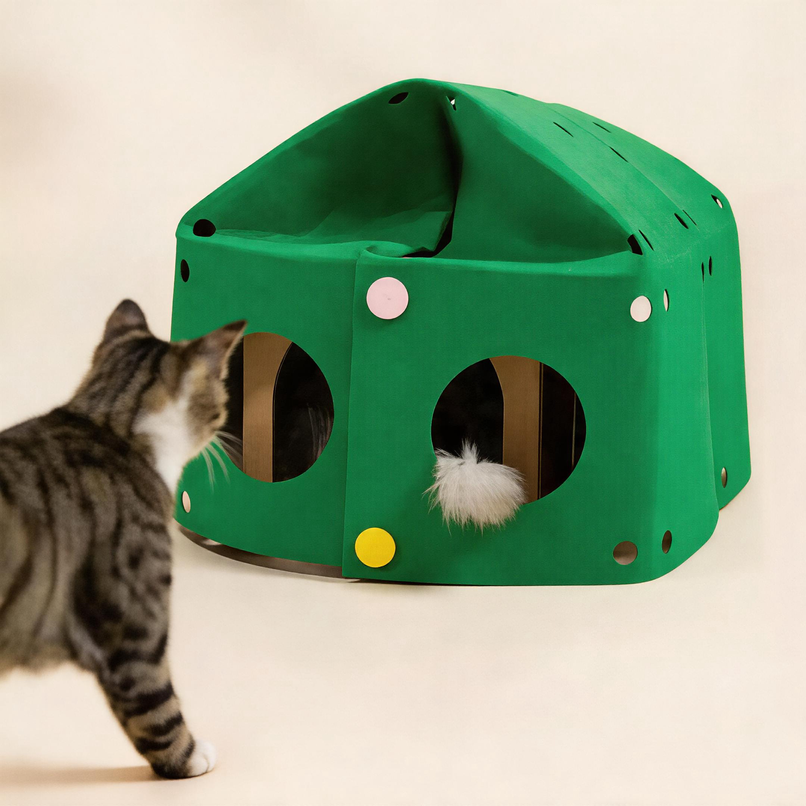 Garden Playmat folded into dome tent with peek holes, tabby cat exploring BusyMeow felt cat hideout