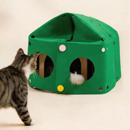 Garden Playmat folded into dome tent with peek holes, tabby cat exploring BusyMeow felt cat hideout