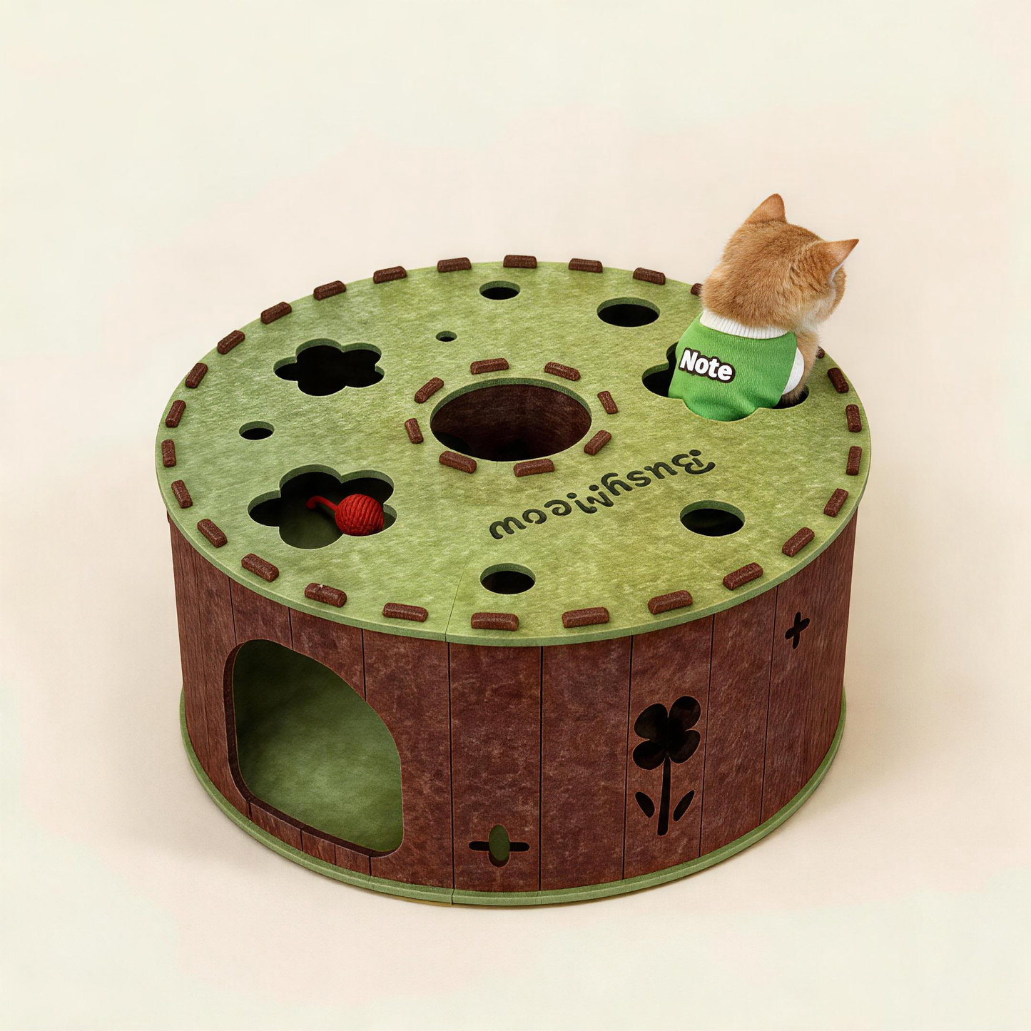 BusyMeow Garden Tunnel Den felt cat cave with flower cutout holes, green top and brown garden-themed sides