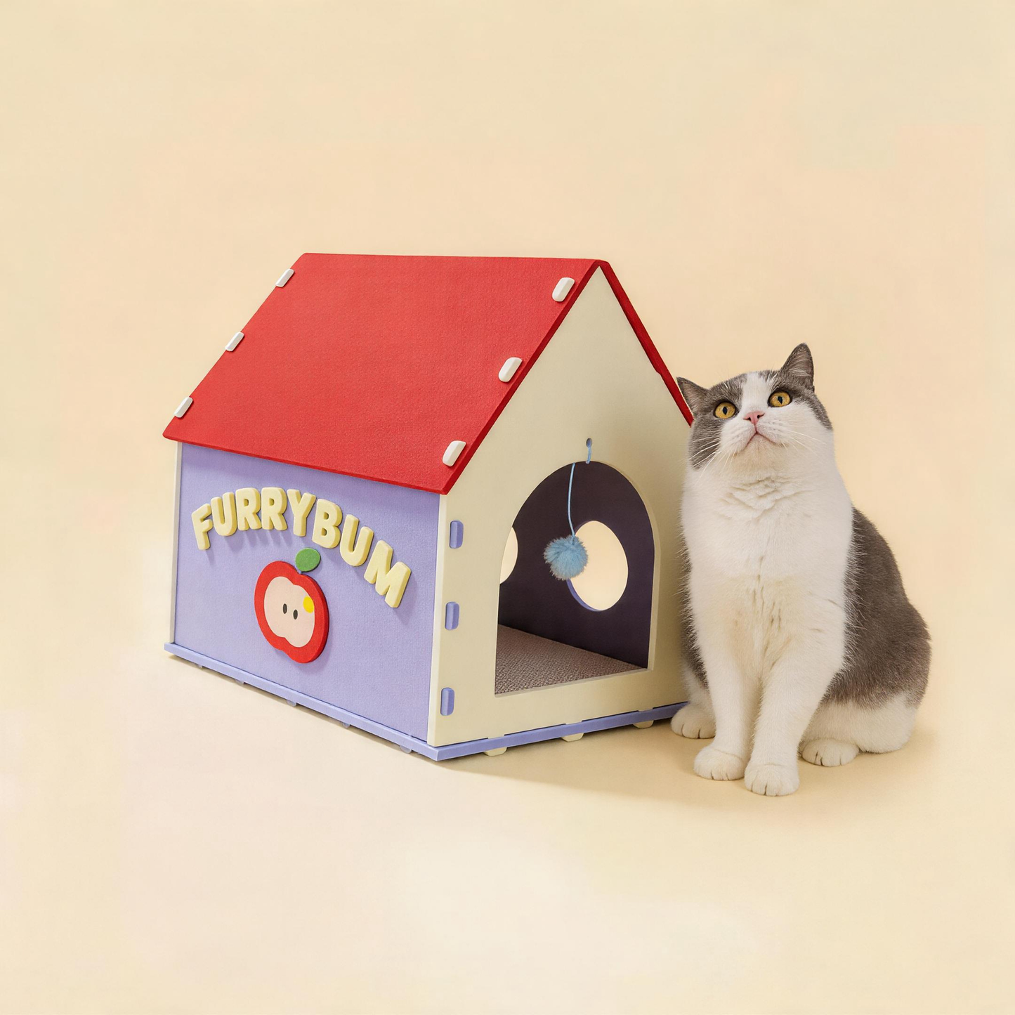 BusyMeow Red House Cat Cave felt cat cottage with pitched roof, arched entry and British Shorthair indoor cat