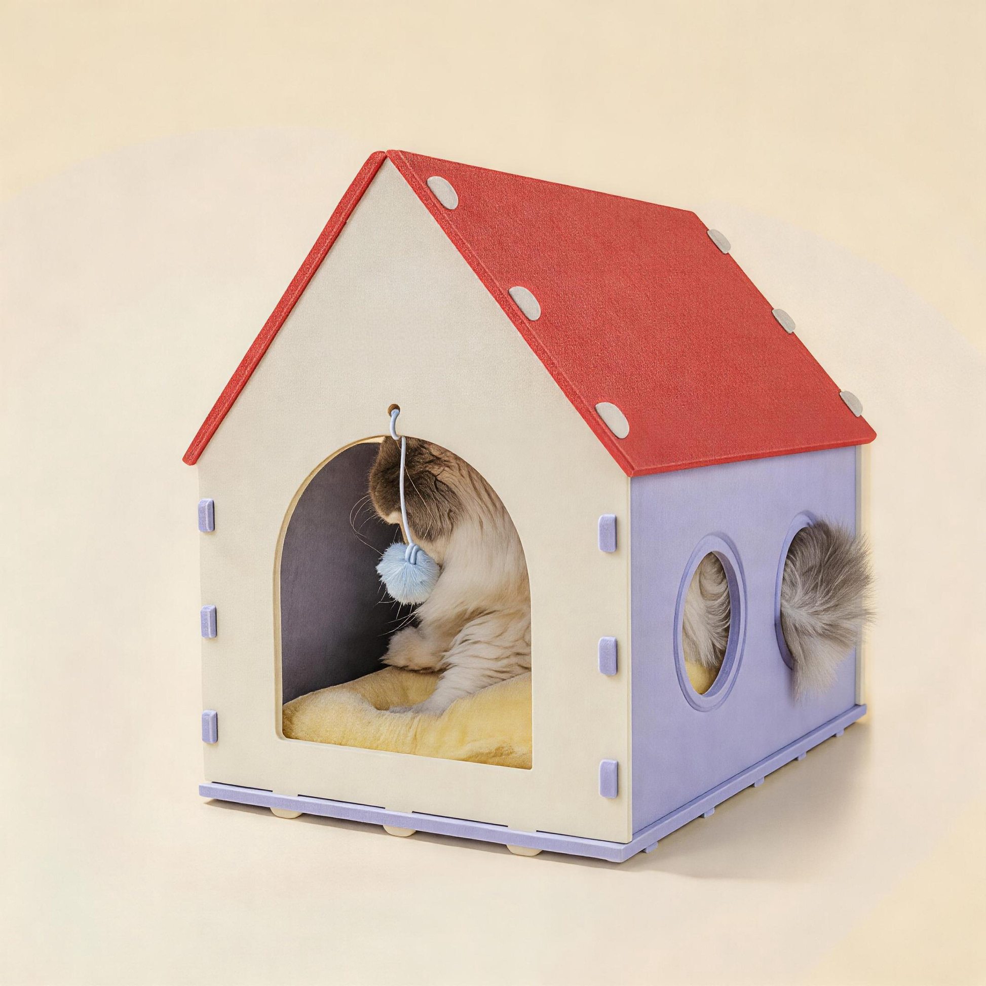 BusyMeow Red House Cat Cave cozy cat hideout with fur cushion, dangle toy and grey tabby peeking from doorway