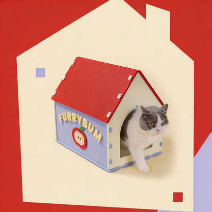 BusyMeow Red House Cat Cave storybook design with grey indoor cat walking out of cozy hideout