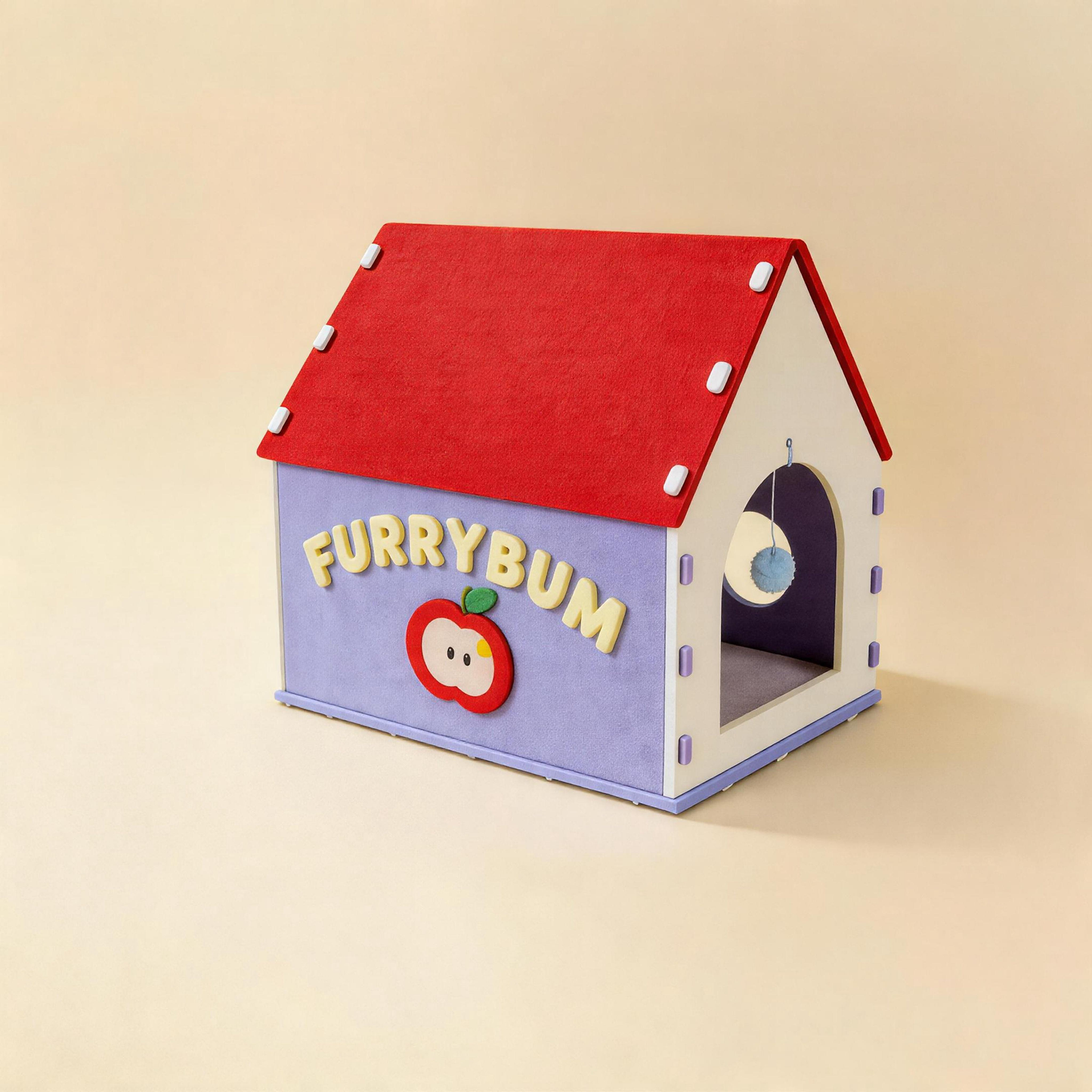BusyMeow Red House Cat Cave storybook cat cottage with red pitched roof, apple detail and arched entry