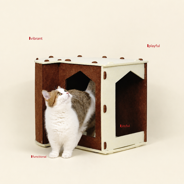 Modular Cat House in Mocha Sunbeam with cat beside dual arched entries