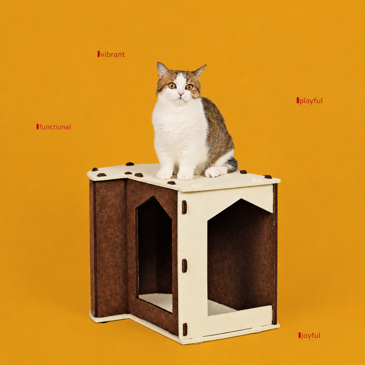 Mocha Sunbeam Modular Cat House with cat sitting on top