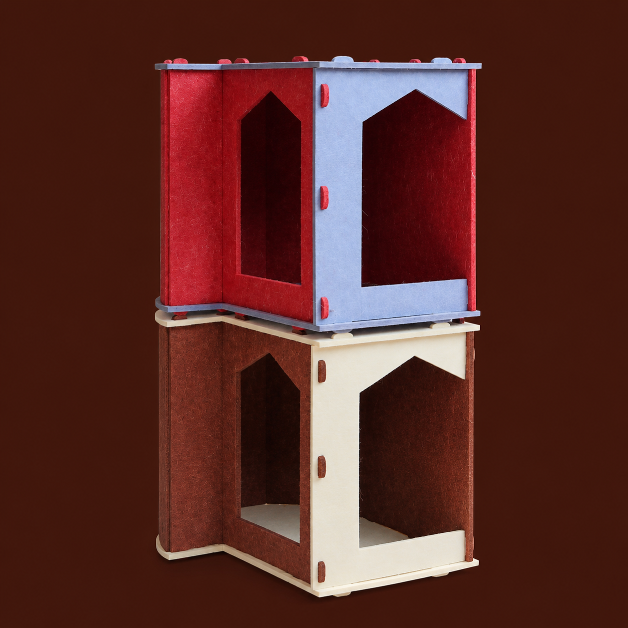Two Modular Cat House units stacked in Mocha Sunbeam and Indigo Chili