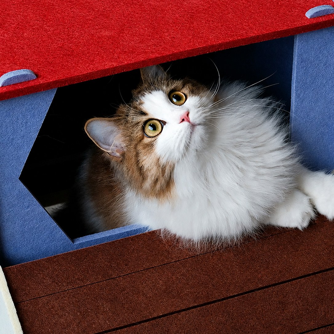 Cat resting inside Indigo Chili Modular Cat House