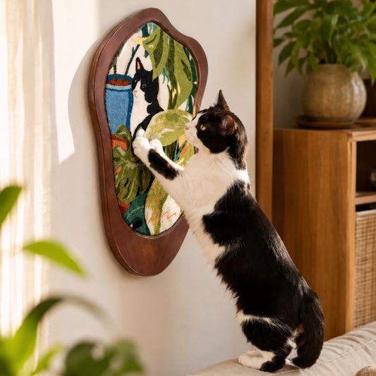 Cats & Plants Art Print Cat Scratcher mounted on wall with black and white cat scratching