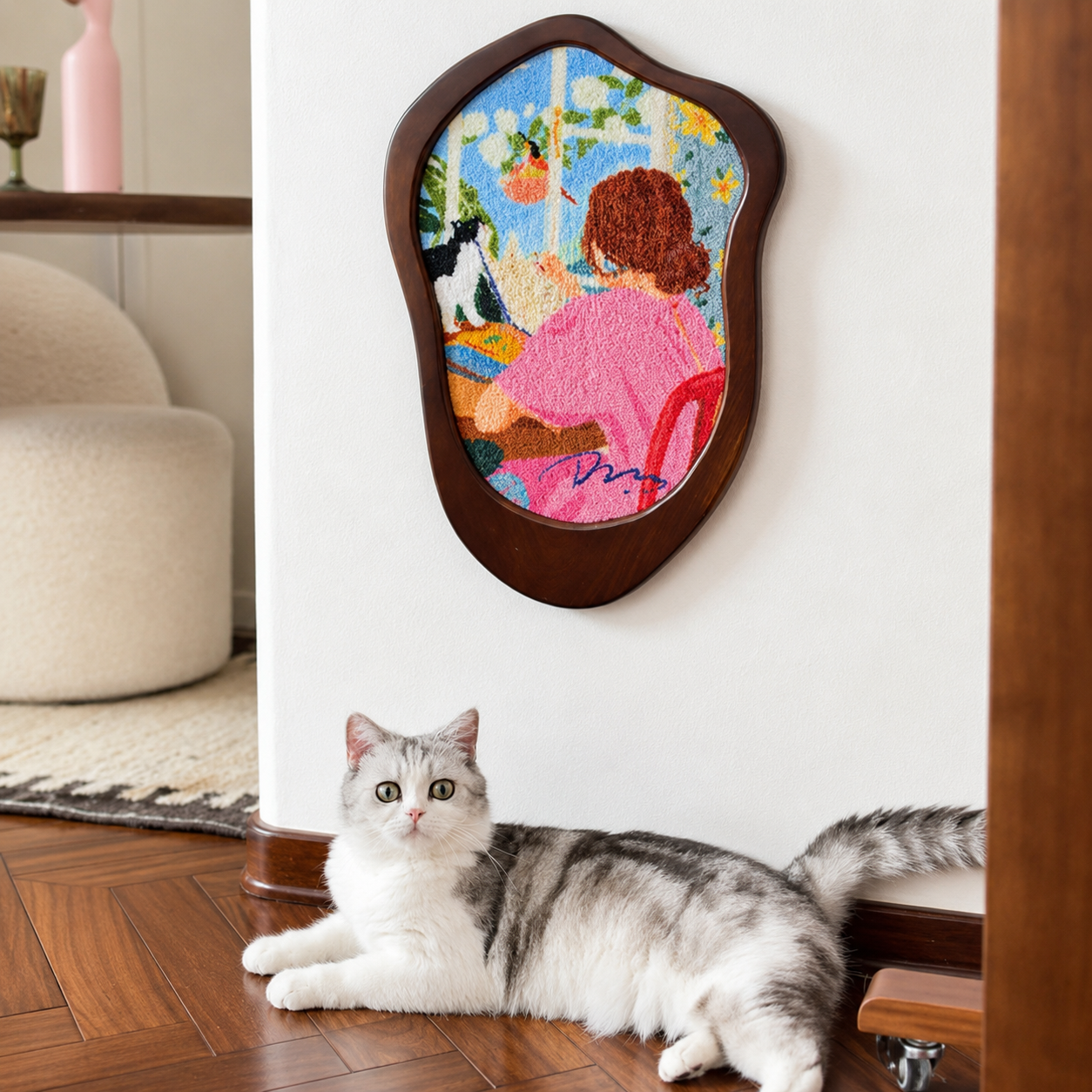 Reading Time Art Print Cat Scratcher mounted on wall with silver tabby cat nearby