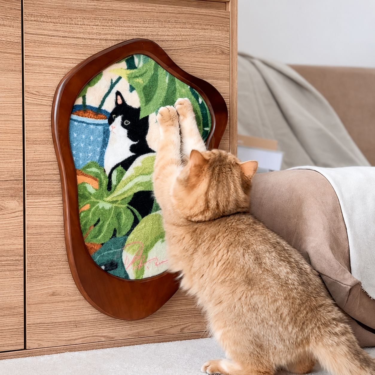 Close-up of orange cat scratching Cats & Plants Art Print Cat Scratcher on cabinet