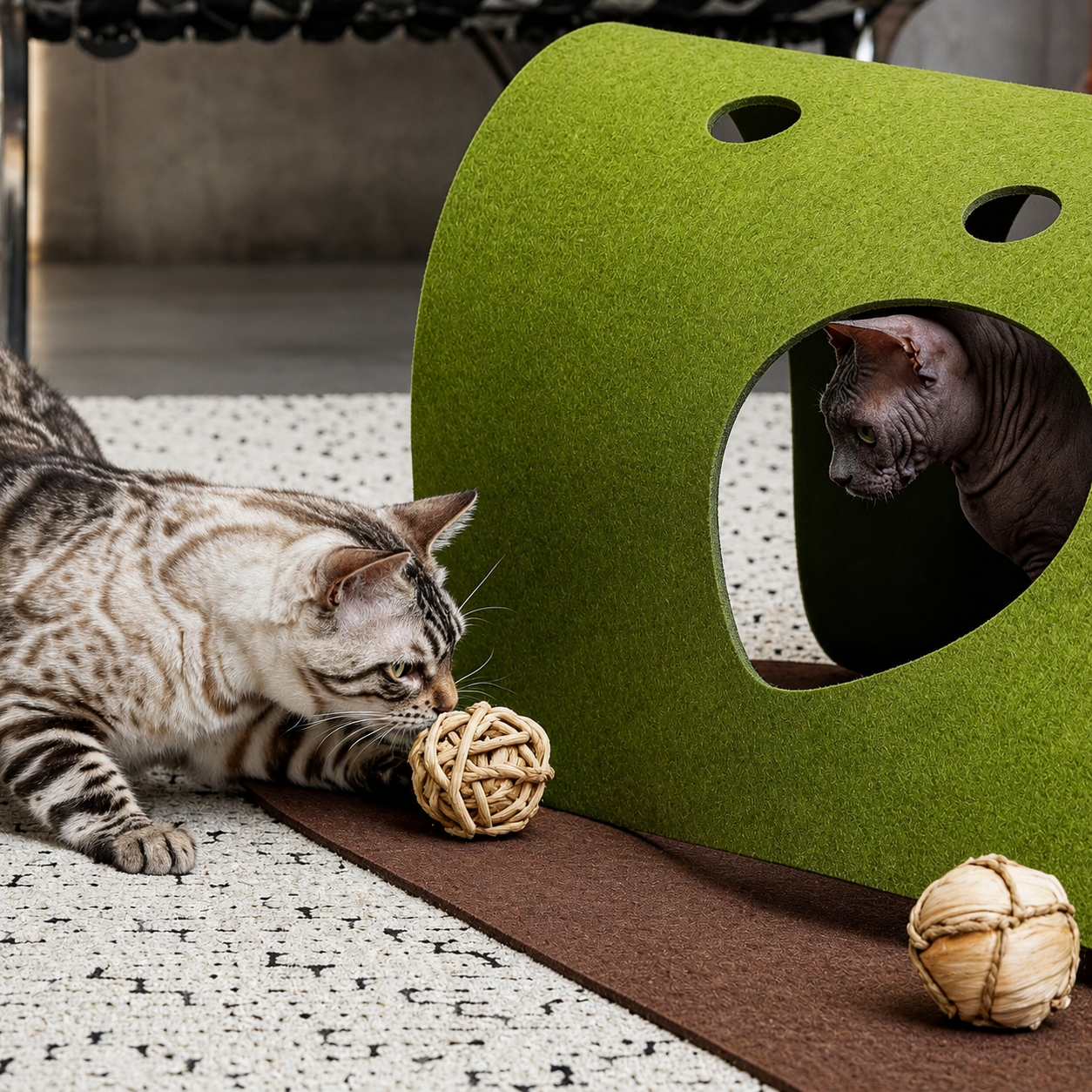 Two cats playing with the green Prowlet Felt Play Mat tunnel