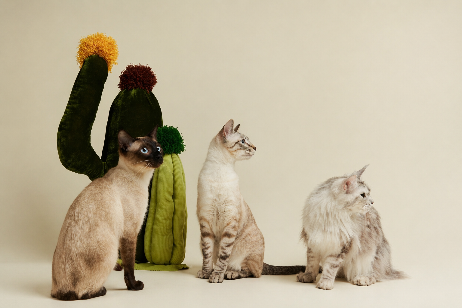 Three BusyMeow cats with cactus cat toys