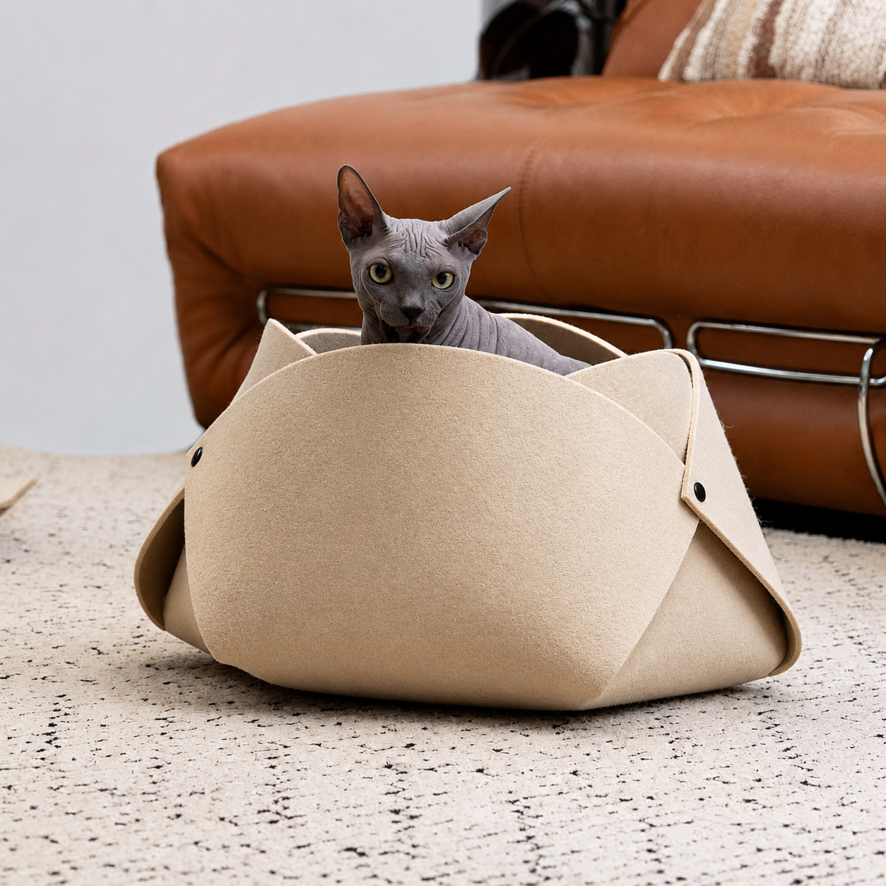 Sphynx cat sitting inside the cream Felt Flower Cat Cave Bed