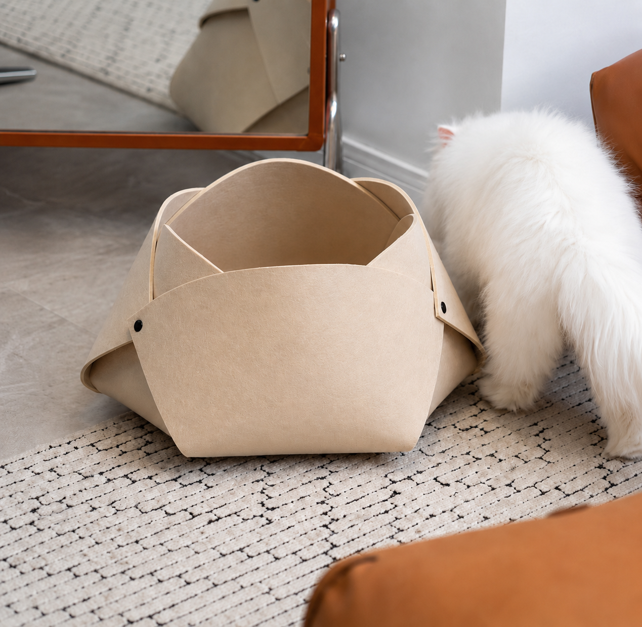 Cream Felt Flower Cat Cave Bed beside a white cat
