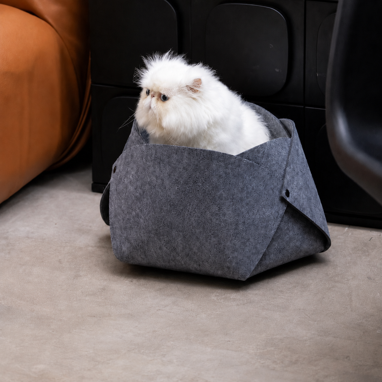White cat resting inside the charcoal Felt Flower Cat Cave Bed