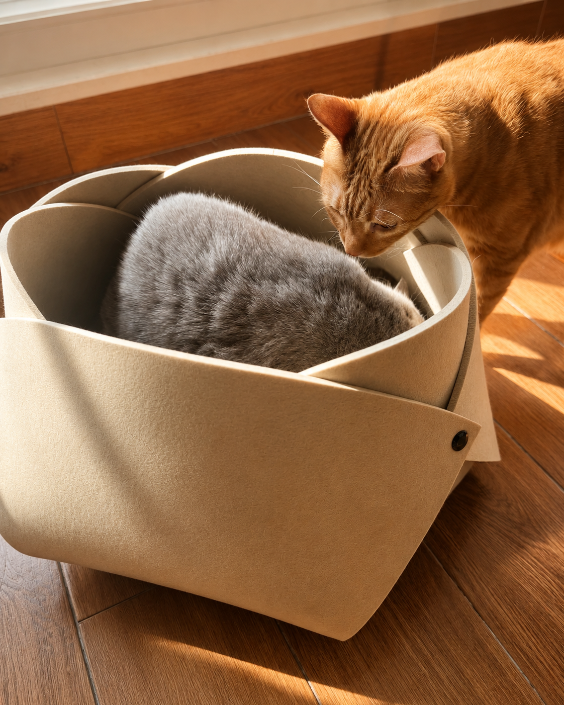 Orange cat sniffing a gray cat in the cream Felt Flower Cave Bed