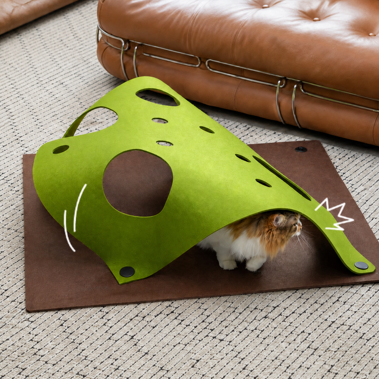 Felt Play Mat arched into a tunnel with cat inside