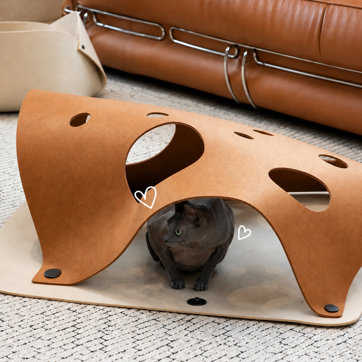 Caramel Felt Play Mat tunnel with cat inside