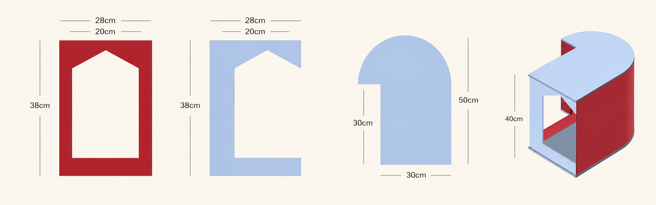 Prowlet Modular Cat House panel dimensions, 50 x 30 x 40 cm with 20 x 38 cm arched doorway