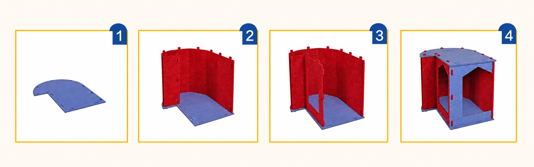 Four-step tool-free snap-fit assembly of the Prowlet Modular Cat House felt panels