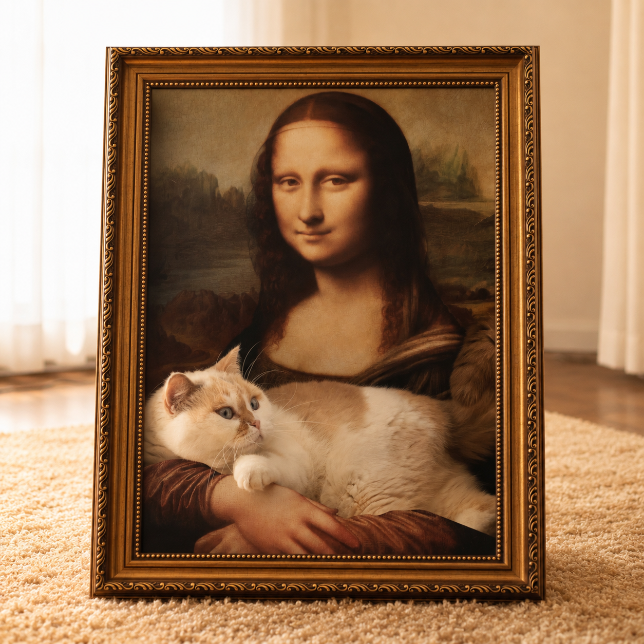 Mona Lisa Scratcher Bed with cat resting in the 3D illusion frame