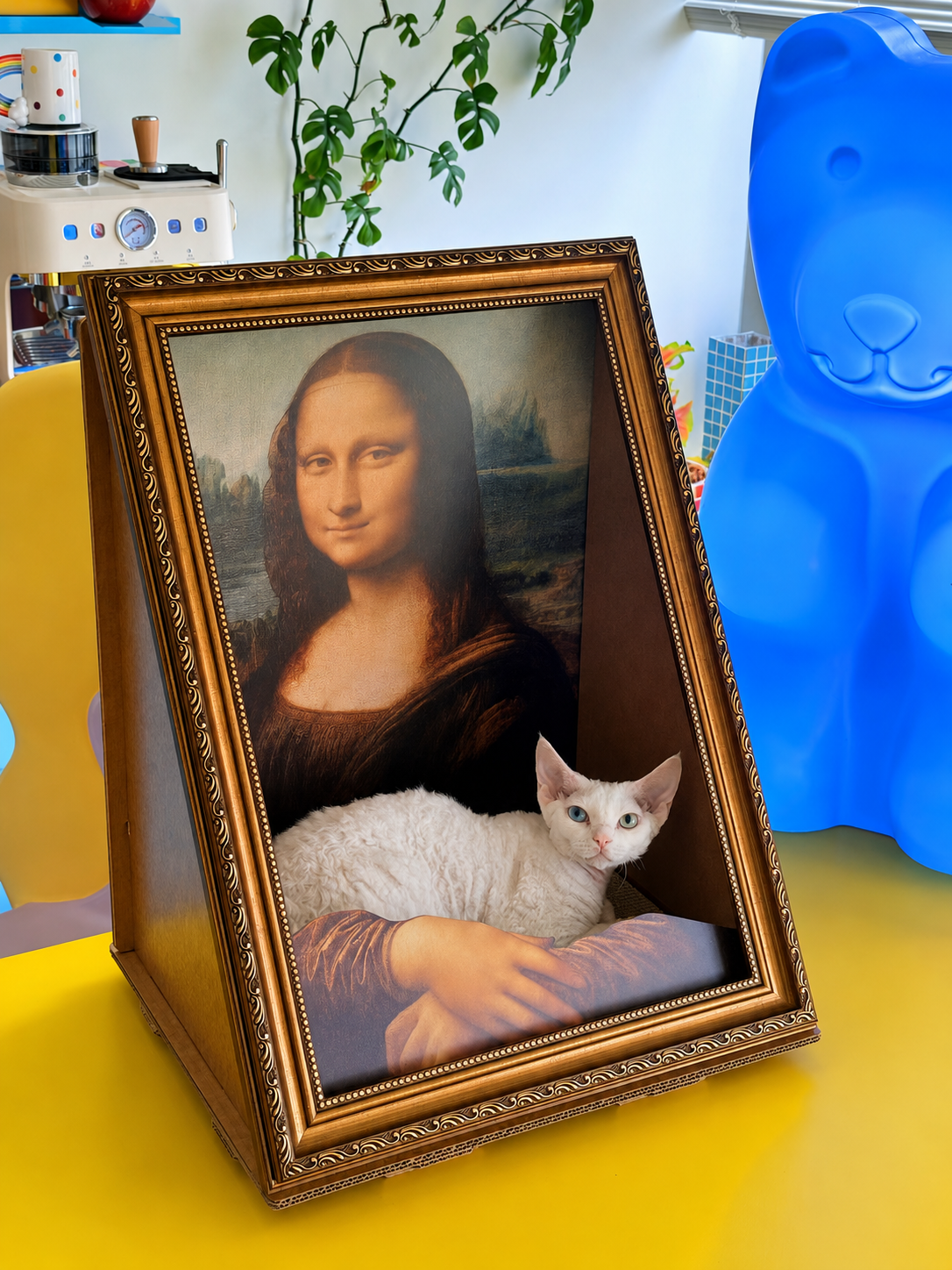 Mona Lisa Scratcher Bed in a colorful room with a white cat