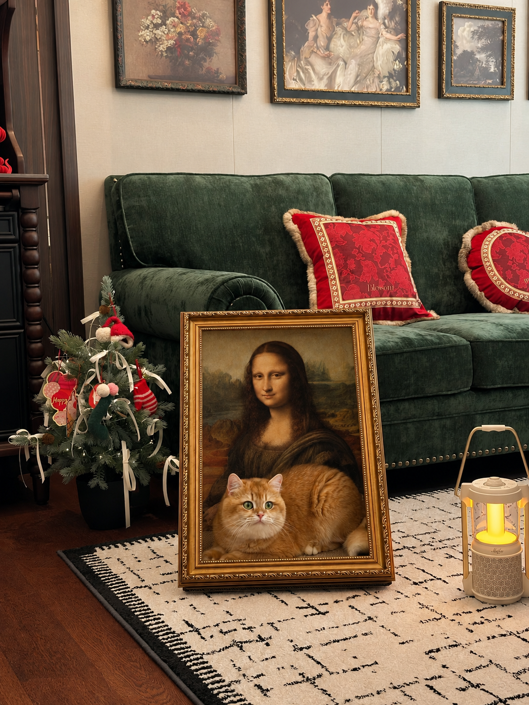Mona Lisa Scratcher Bed beside a green sofa with an orange cat