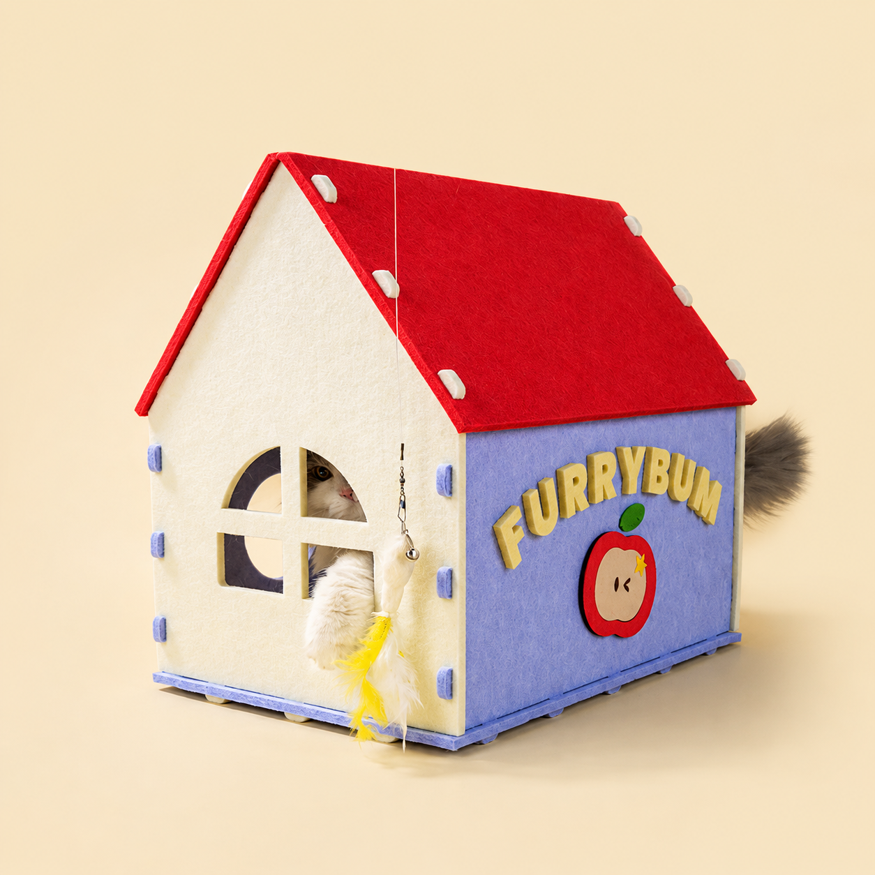 Red House Cat Cave with adjustable feather toy and cat inside