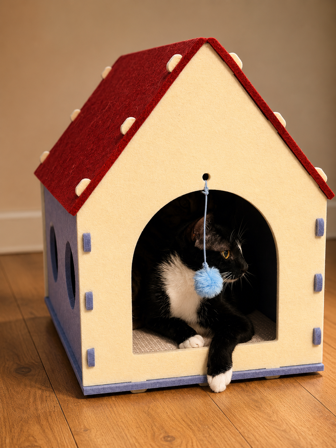 Black and white cat resting inside the Red House Cat Cave